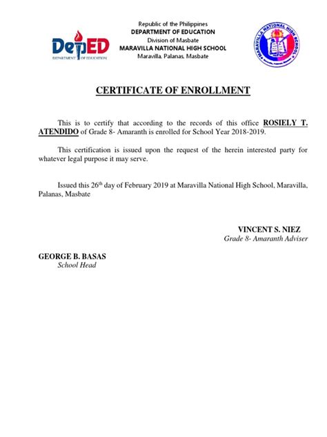 enrollment certificate template